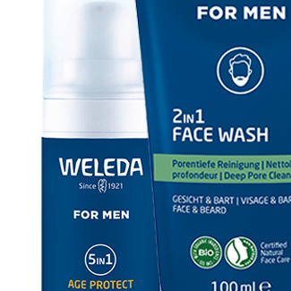 Beim ersten Date ist ein Hautpflege-Set aus Waschgel und Serum von Weleda in blauer Umverpackung der ideale Begleiter